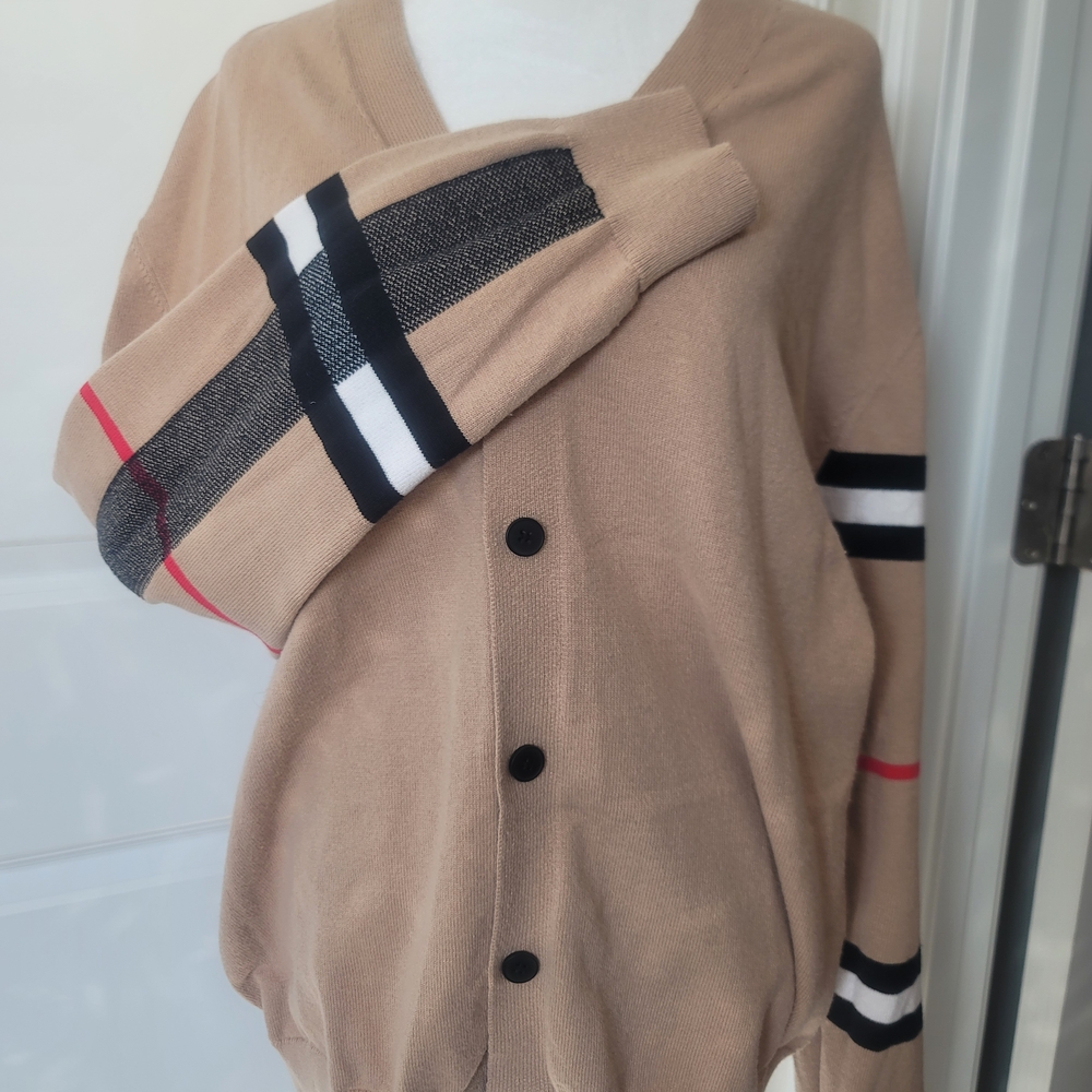 Tan Cardigan with Striped Sleeves